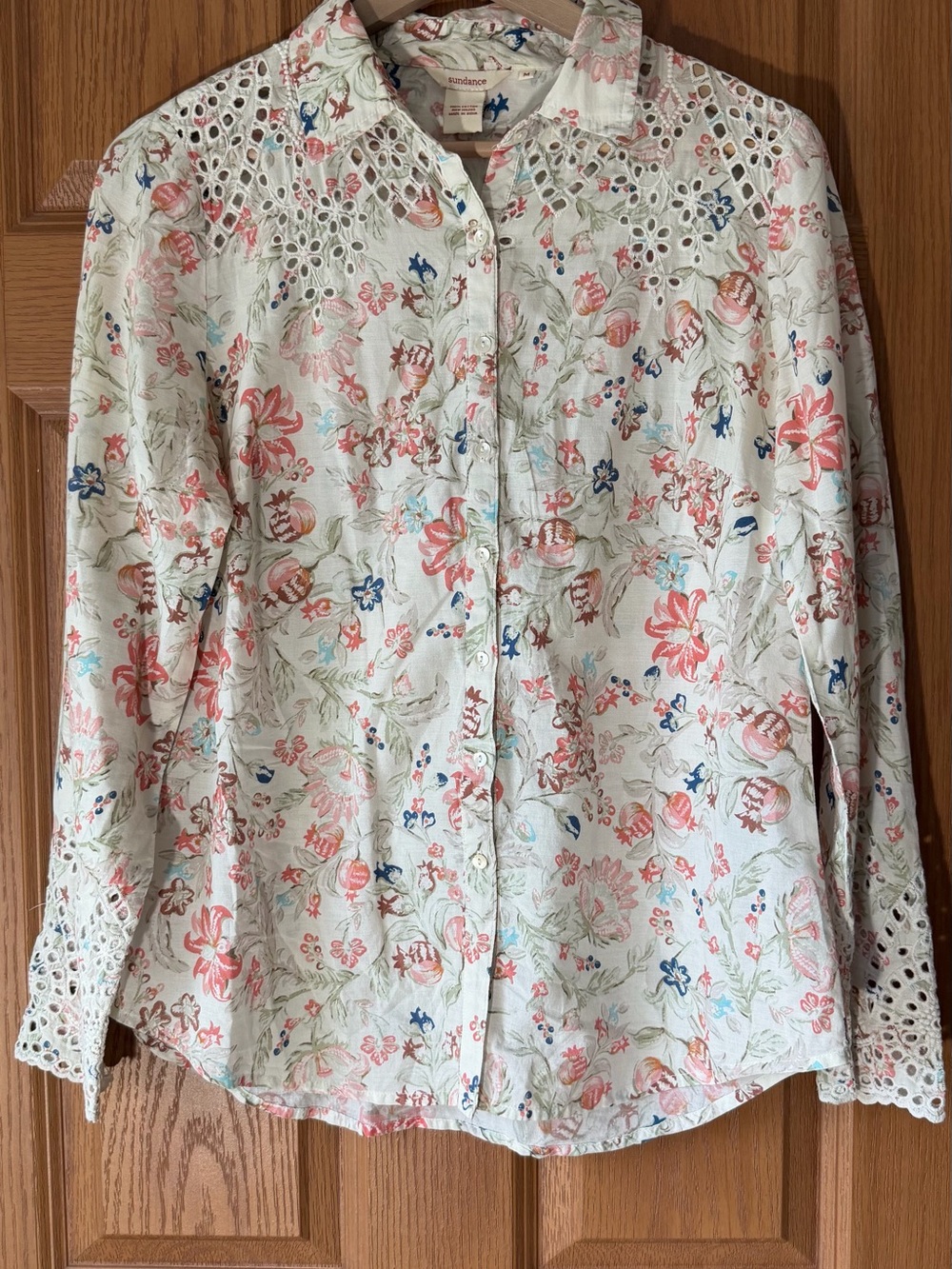 Sundance Button-Down Floral Eyelet Shirt — Coral, Blue on White